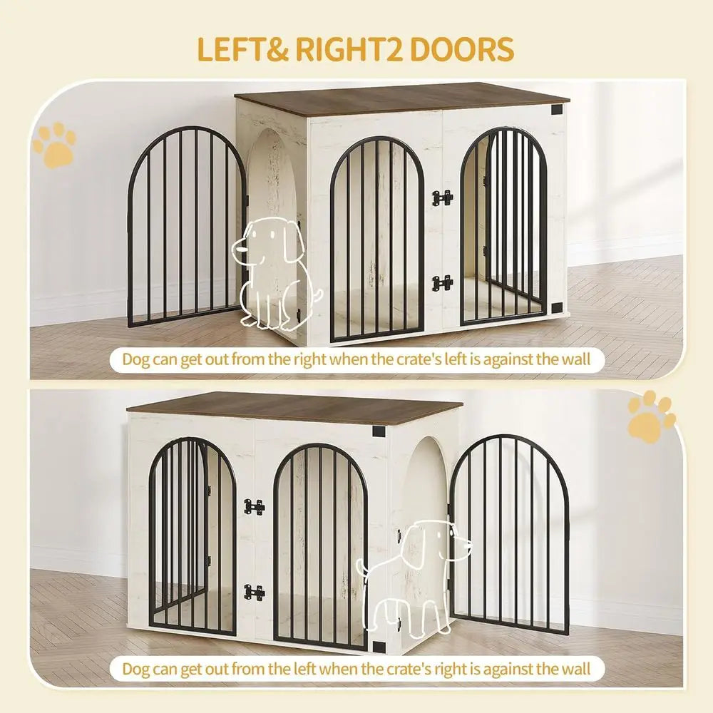 Wooden Dog Crate Furniture, Indoor Kennel for Small to Large Dogs, Heavy Duty Decorative Pet House with Side Table, White and Brown