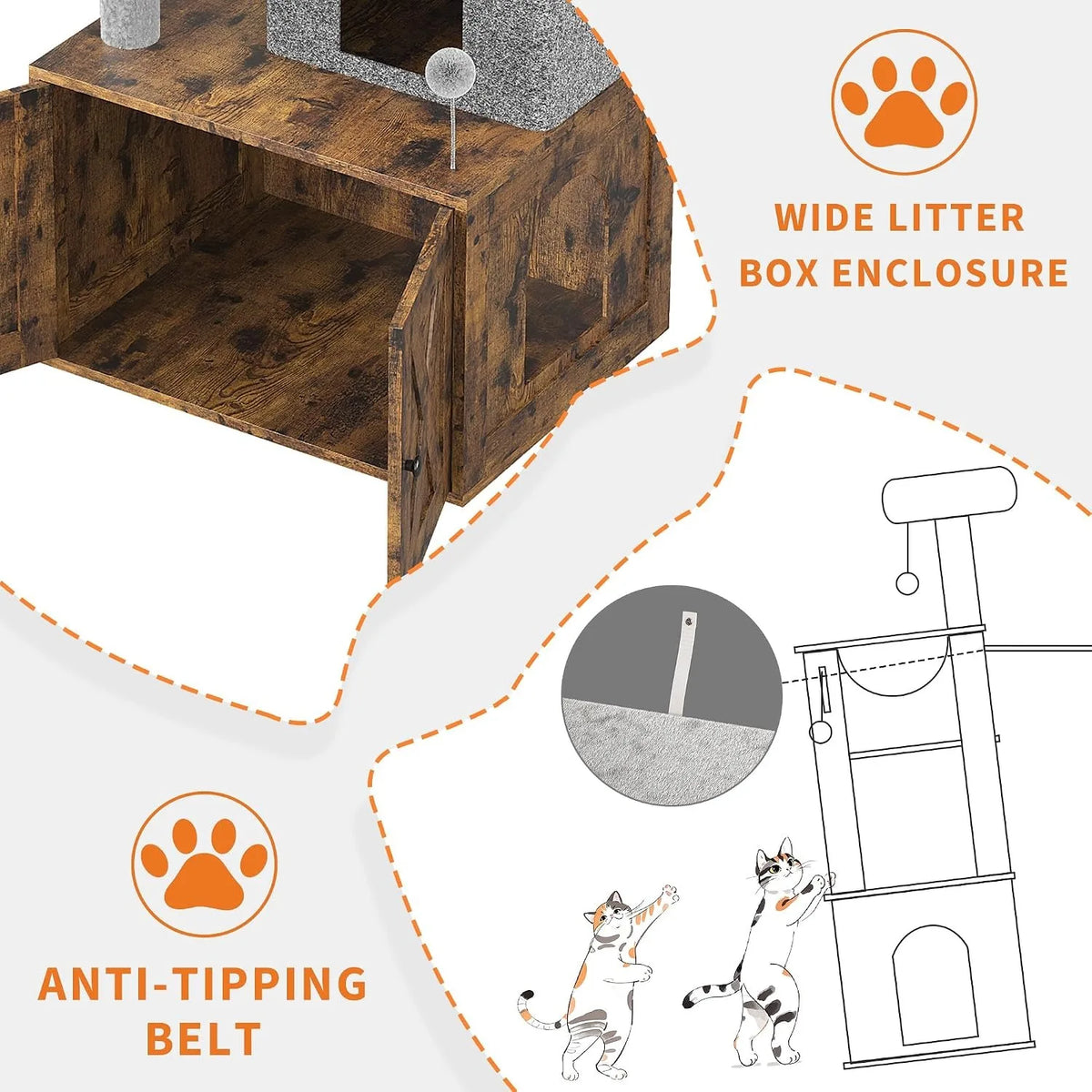 3-in-1 Modern Cat Tree with Hidden Litter Box Enclosure, Cat Condo Furniture with Scratching Post, Hammock & Platforms, Odor Control Tower for Small Spaces, Rustic Brown