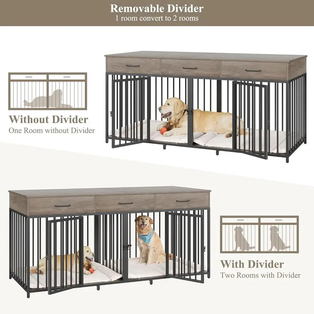 71 Wide Indoor Dog Kennel with 3 Doors, Suitable for 2 Large/Medium Dogs, Heavy Duty Cage with Removable Divider, Wooden Pet House