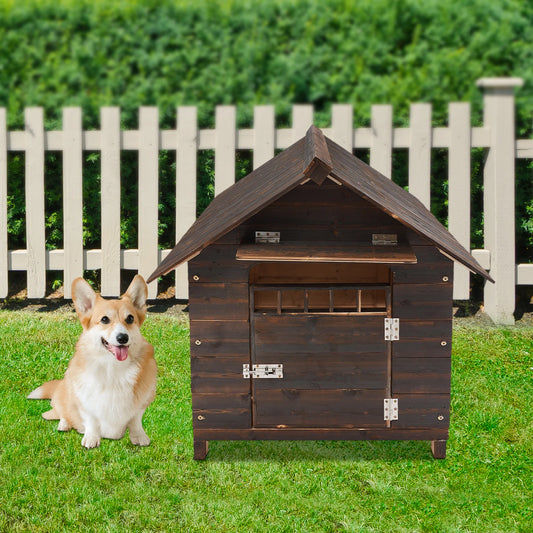 Brown All-Season Dog House—30.31x34.65x31.89in, Fits 38.58lbs/26.38in Dogs, Sloped Roof+Openable Door/Windows, Raised Bottom