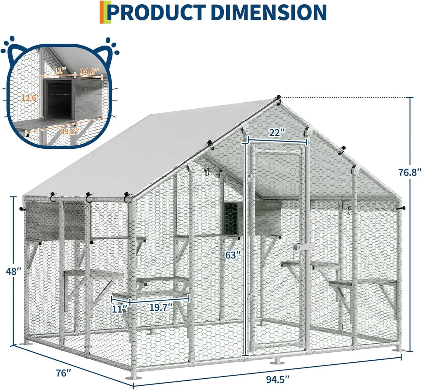 Outdoor Extra Large Walk-In Cat Catio Enclosure With Roof, Rest Boxes, Play Shelves, 7 Platforms, Chicken Run Coop for Patio, Yards