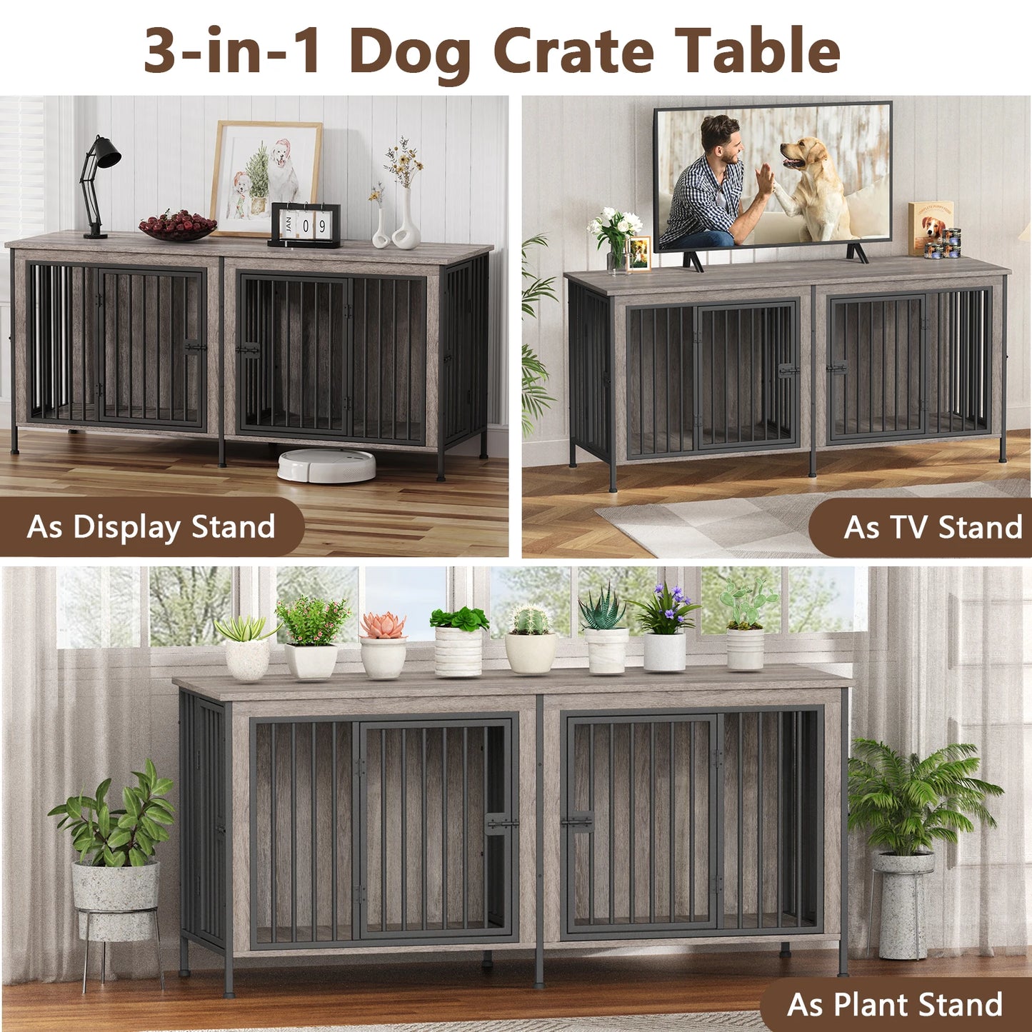 Heavy-Duty Dog Crate Furniture for 1/2 Dogs, Multi-Functional Dog Kennel Table as TV Stand/Plant Stand, for Small, Medium, Large Dog