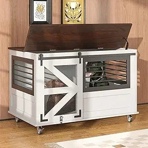 67" Corner Dog Crate Furniture for Large Breed, Large Wooden Dog Kennel Furniture with 2 Doors, Decorative Crate