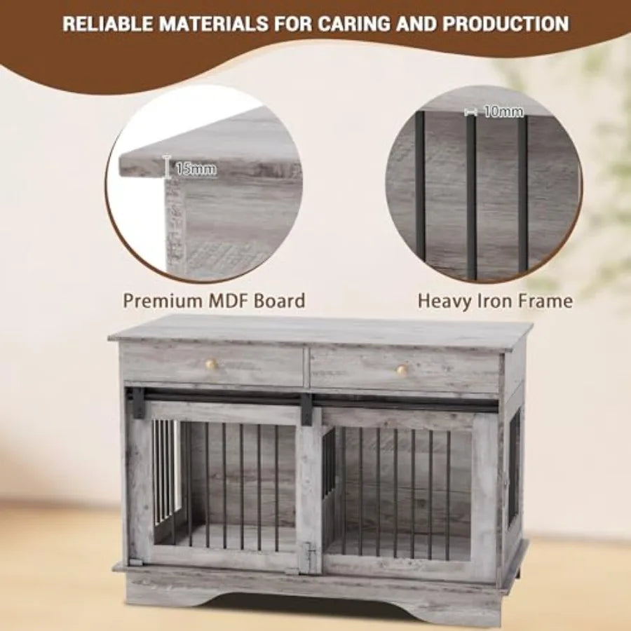 47 Inch Dog Crate Furniture with 2 Drawers, Wooden End Table Indoor Dog House with Divider for Large, Medium, and Small Dogs, Multi-Function