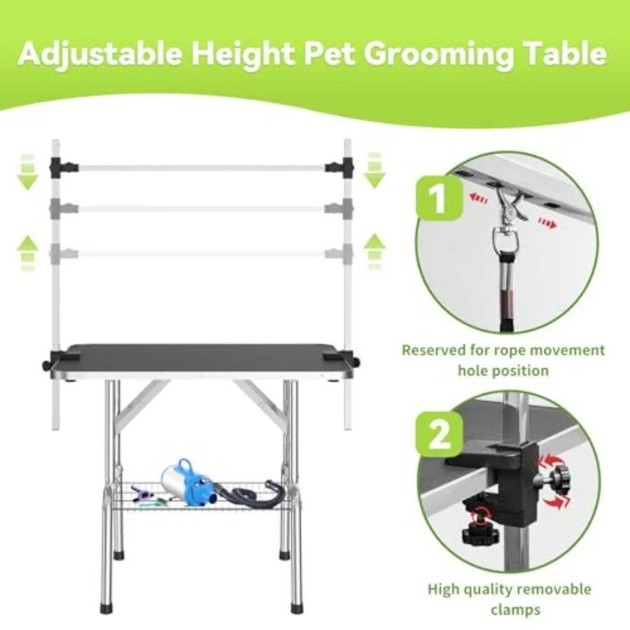 36" Stainless Steel Dog Grooming Table Foldable Pet Grooming Stand with Adjustable Arm 2 Nooses 2 Storage Baskets Anti-Slip