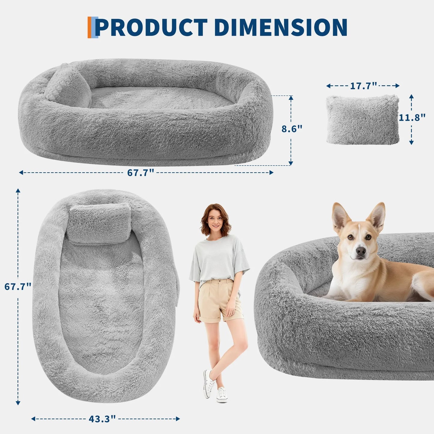 Oversized Human Dog Bed Orthopedic Faux Fur Pet Bed With Pillow Side Pocket Waterproof Lining & Anti-Slip Bottom
