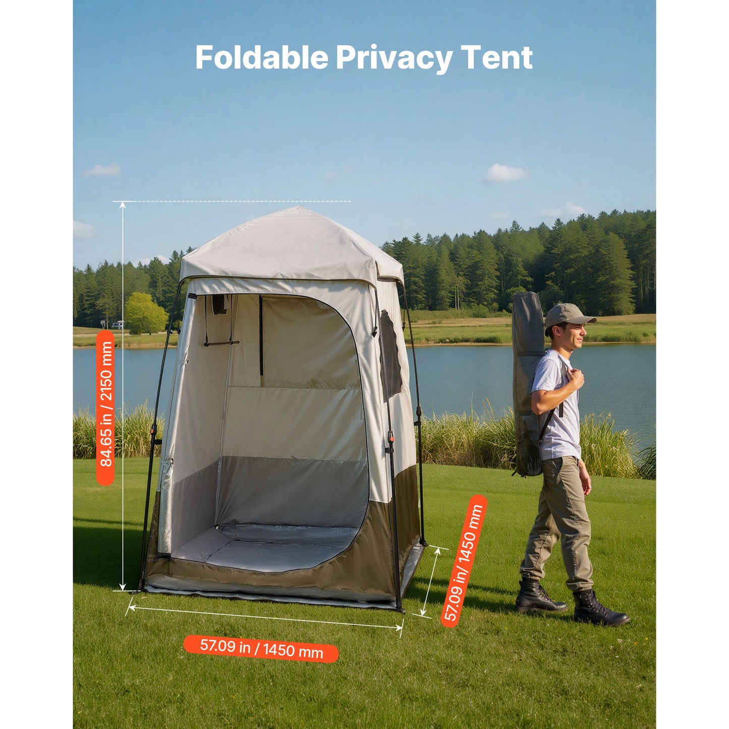 Camping Shower Tent 1 Room Foldable Privacy Tent Changing Room with Ground Stakes Ropes Carry Bag and Crossbar