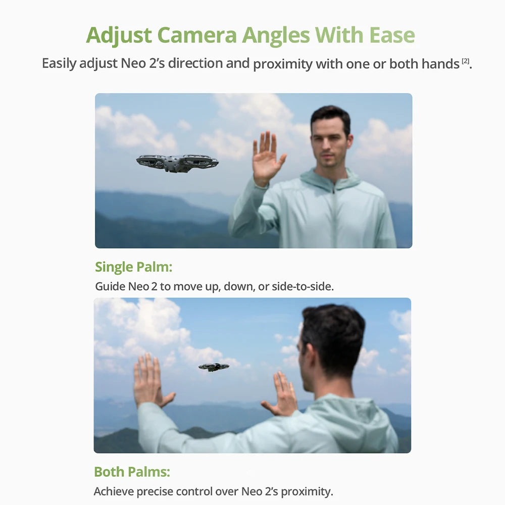 Neo 2 4K Drones With Camera Palm Takeoff & Landing Gesture Control Smooth Reliable Tracking 12 m/s Faster Tracking Speed Lightweight Foldable Mini Drone All-Around Safety & Flexible Flight With 3 Batteries