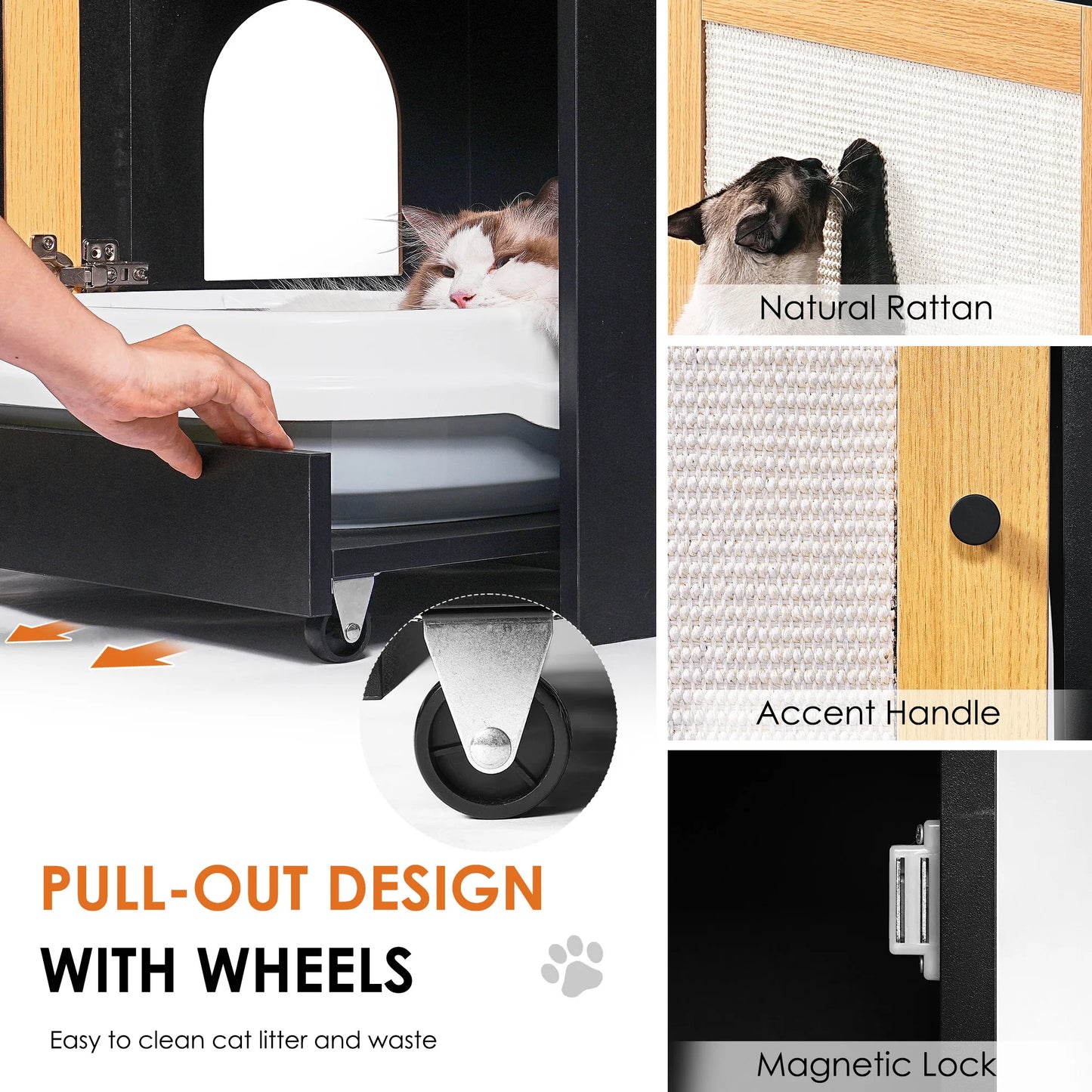 Black Cat Litter Box Enclosure, Hidden Litter Cabinet with Sisal Door, Multi-Functional Kitty End Table