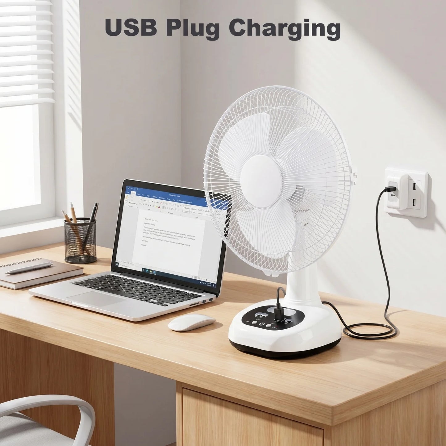 Rechargeable Fan With Solar Panel USB Charging Desk Fan, 90 Degree Oscillation 2-Speed Adjustable Portable Solar-Powered Fan With LED Night Light Phone Charging Output for Outdoor Camping Home Use
