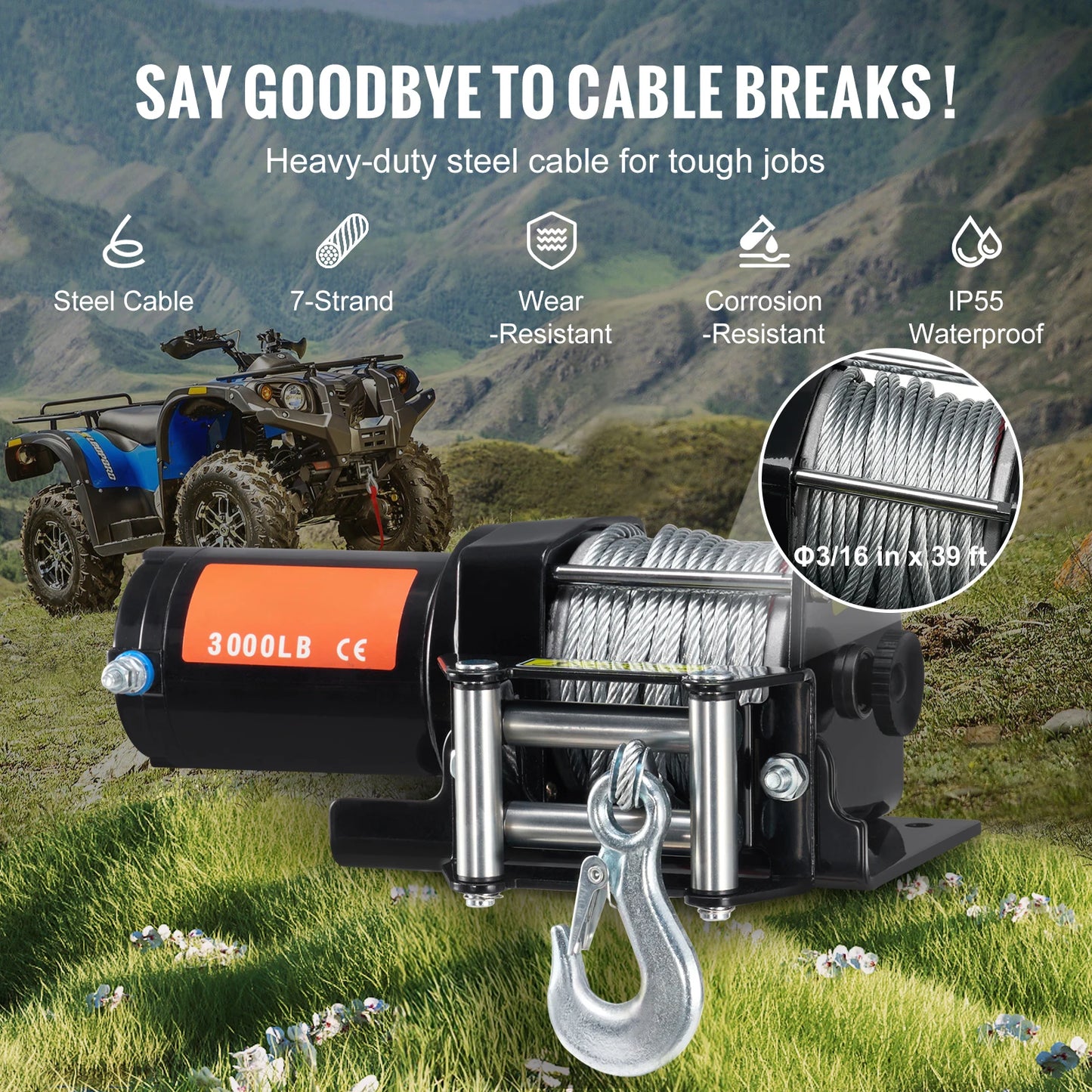 3000lbs ATV/UTV Electric Winch 12V DC Steel Rope Winch with  39ft Cable Roller Wired Remote Control for Towing Off-Road