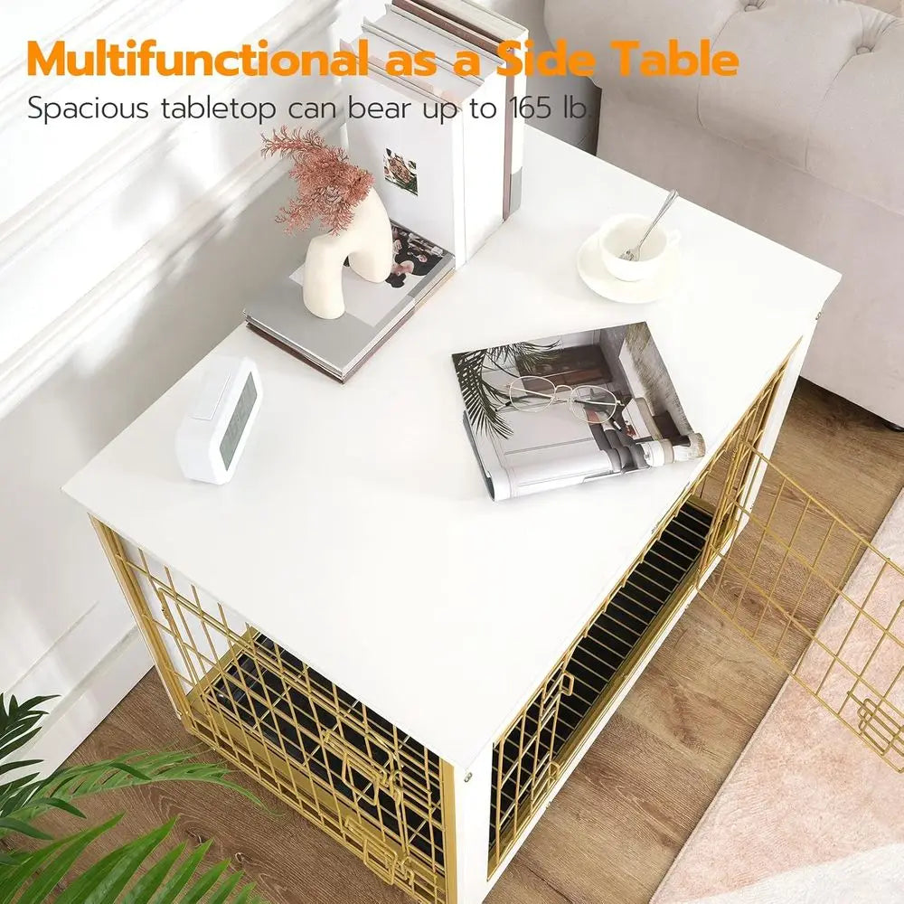 Dog Crate Furniture, 38.6" Large Dog Kennel Indoor, Wooden Cage with Pull-Out Tray, Double Doors Pet House Side End Table for Large Dog