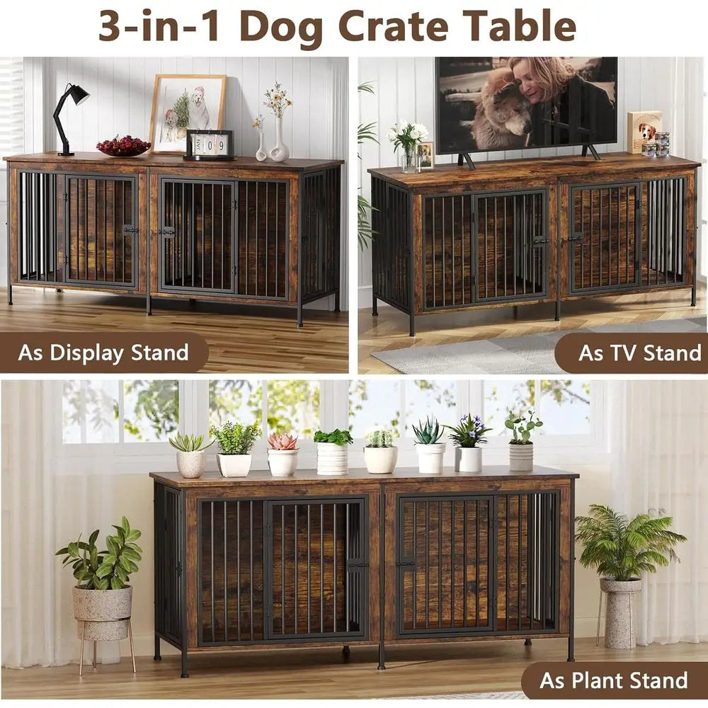 Sturdy Double Dog Crate Furniture, TV Stand Style, Suitable for 35-60 lb Dogs, Brown