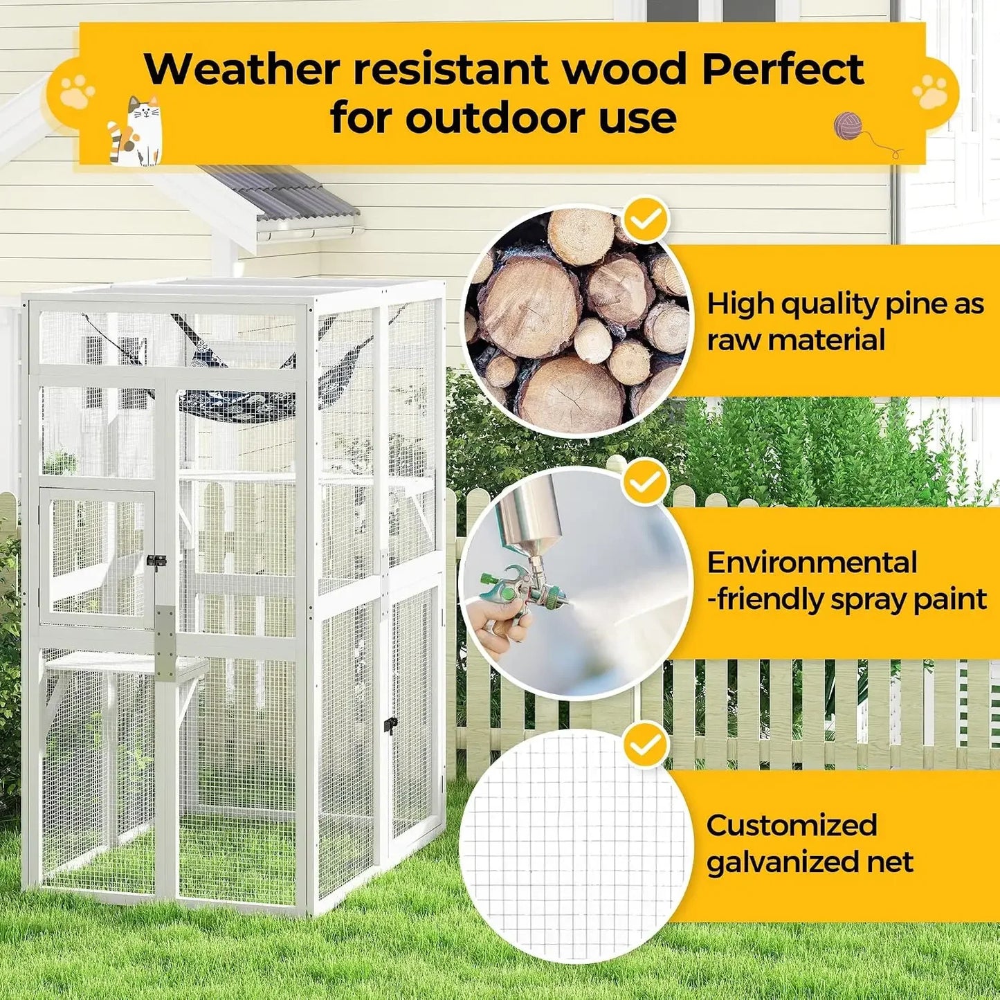 Wooden Catio Outdoor Cat Enclosure with Window Access & Mesh, Weatherproof Kitty House for Patio/Backyard (White)