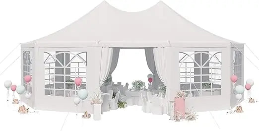 26' x 19' Party Tent, White Wedding Tent, Decagonal Heavy Duty Canopy with 8 Removable Sidewalls, 8 Church Windows, and 2 Pull-Back Doors