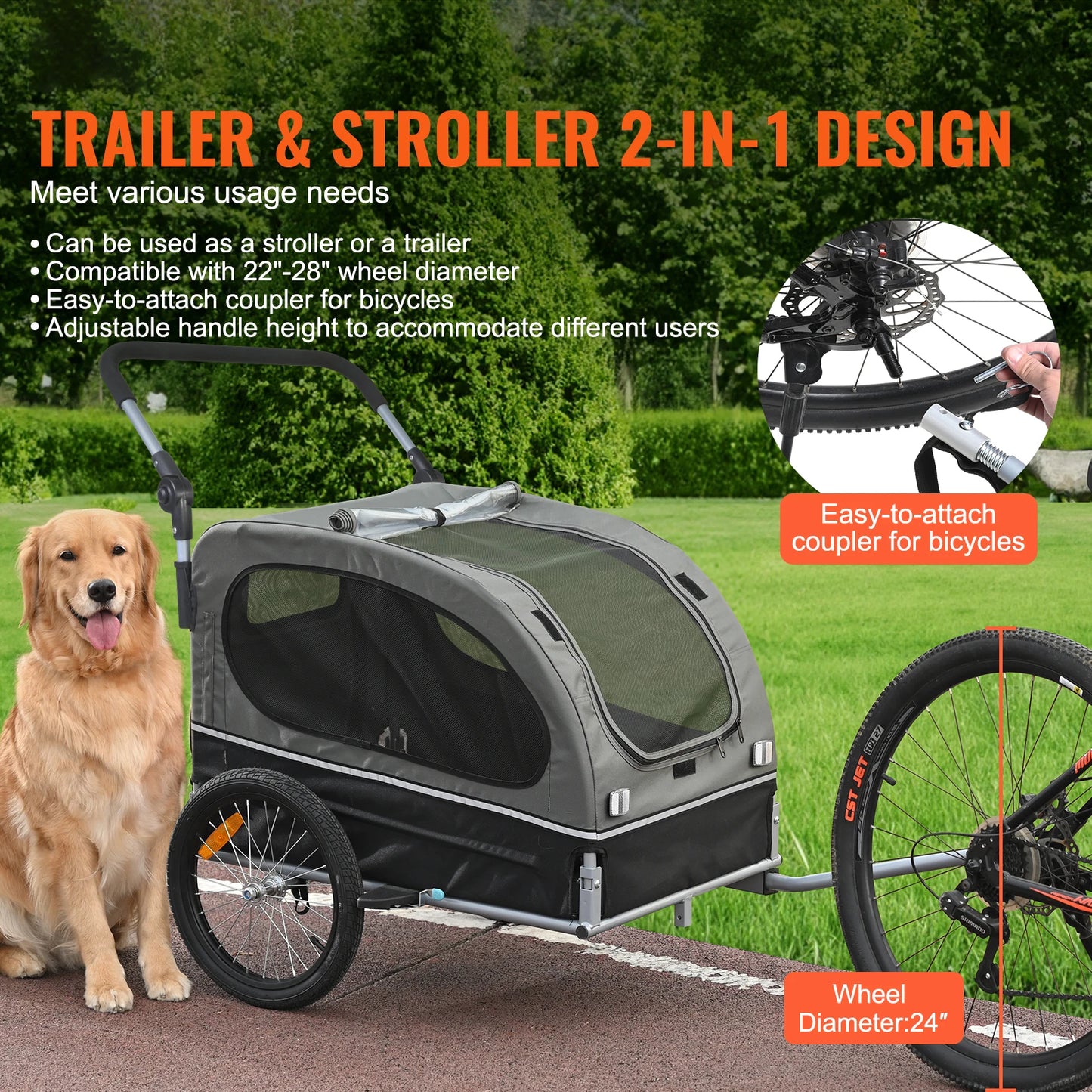 88 lbs 2-in-1 Pet Stroller Cart Dog Bike Trailer With Wheels Reflectors Easy Folding Cart Frame Bicycle Coupler Carrier