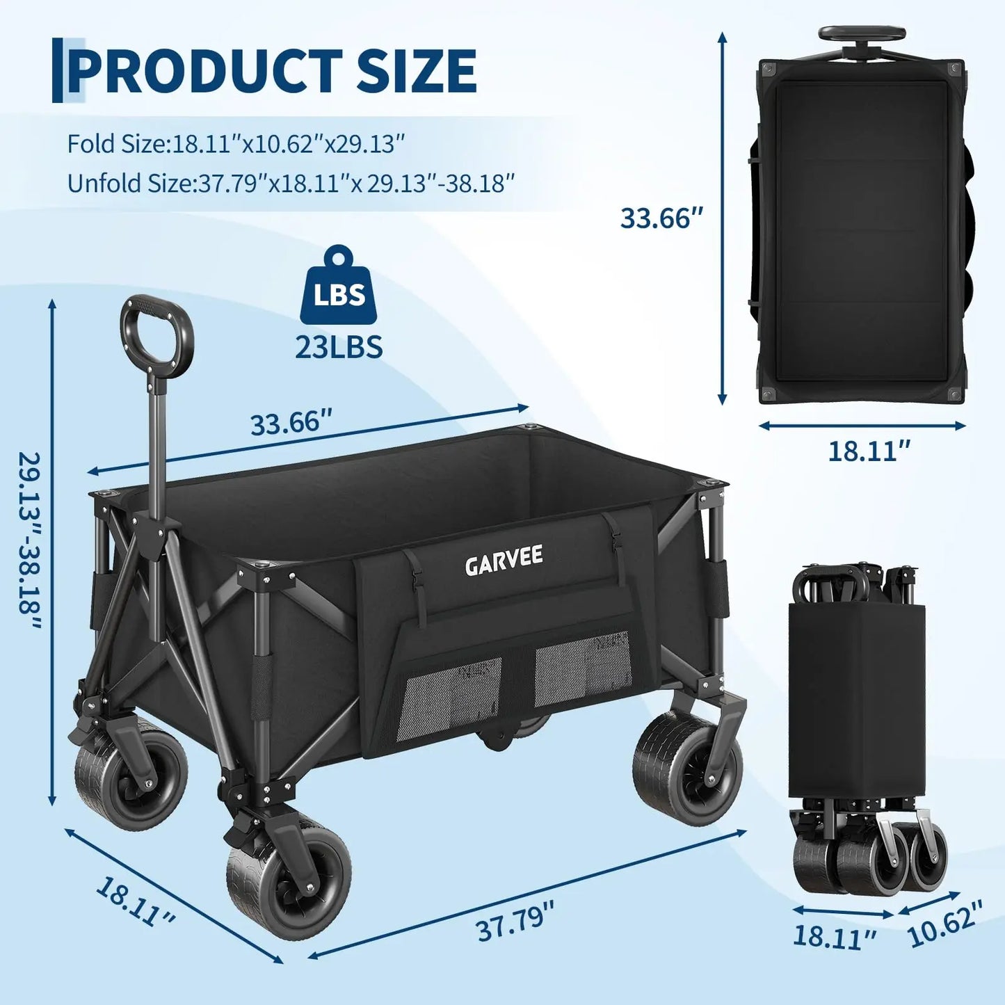 Heavy Duty Foldable Wagon Cart 460 lbs 280L With Wide All-Terrain Wheels, Brakes, Cover & Strap For Shopping Camping