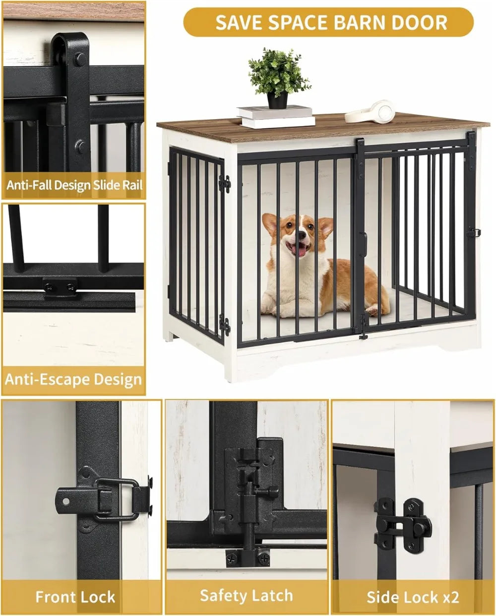 31.9" Wooden Dog Crate Furniture with Barn Door, Heavy Duty Indoor Kennel for Small Medium Dogs up to 44 lb, Anti-Chew Anti-Escape, White Brown