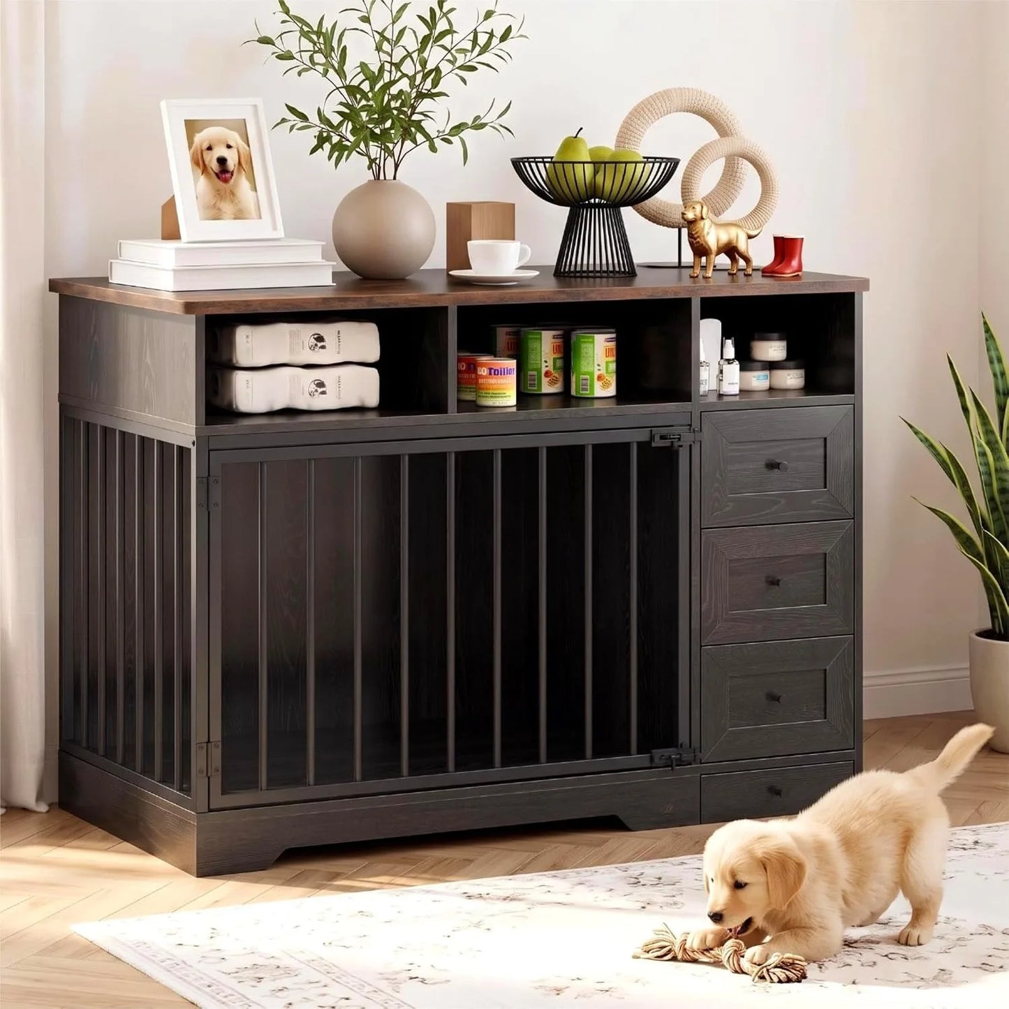 48 Inch Dog Crate Furniture with Feeding Bowl Storage Drawers Heavy Duty Wooden Dog Kennel Cabinet Lockable Indoor Pet Cage Table for Small Medium Dogs Living Room Bedroom Office