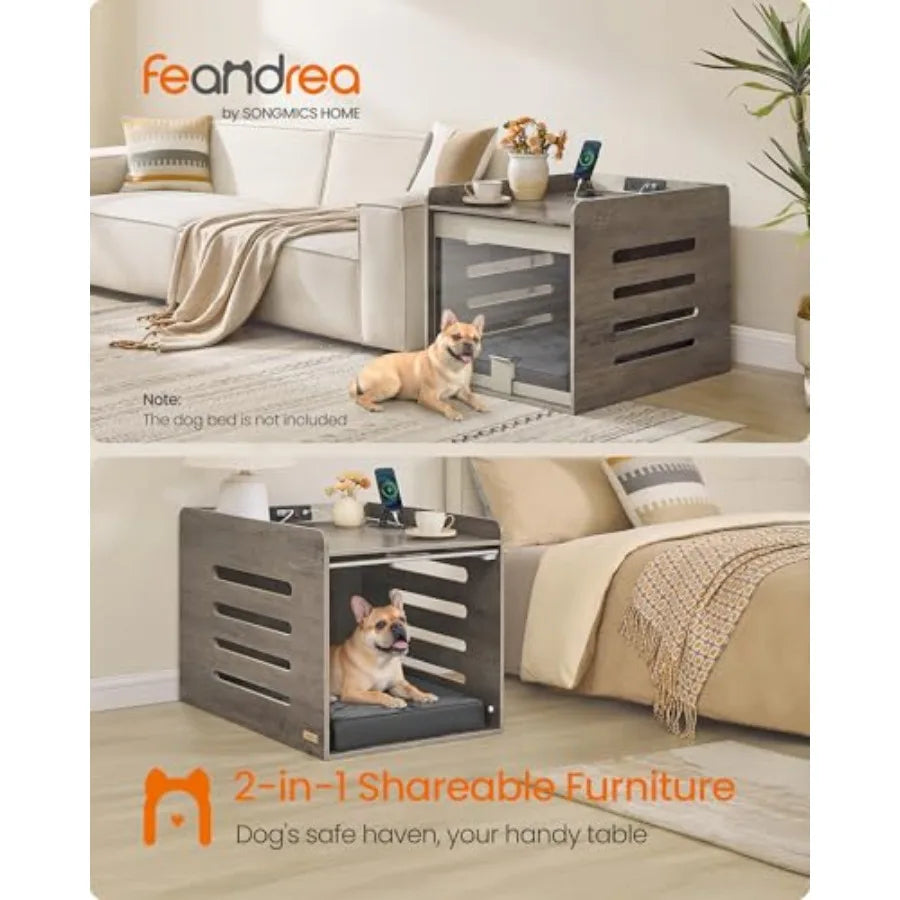 Modern Dog Crate Furniture with Charging Station, Medium Kennel Indoor with Flip-up Hidden Acrylic Door, for Small and Medium Dogs