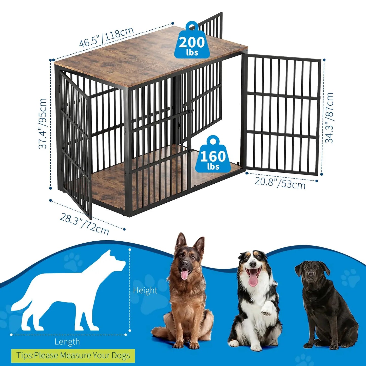 46.5" 3-in-1 Dog Crate Furniture Wooden Dog Kennel with 3 Lockable Doors Heavy Duty Metal Frame End Table For Medium Large Pet