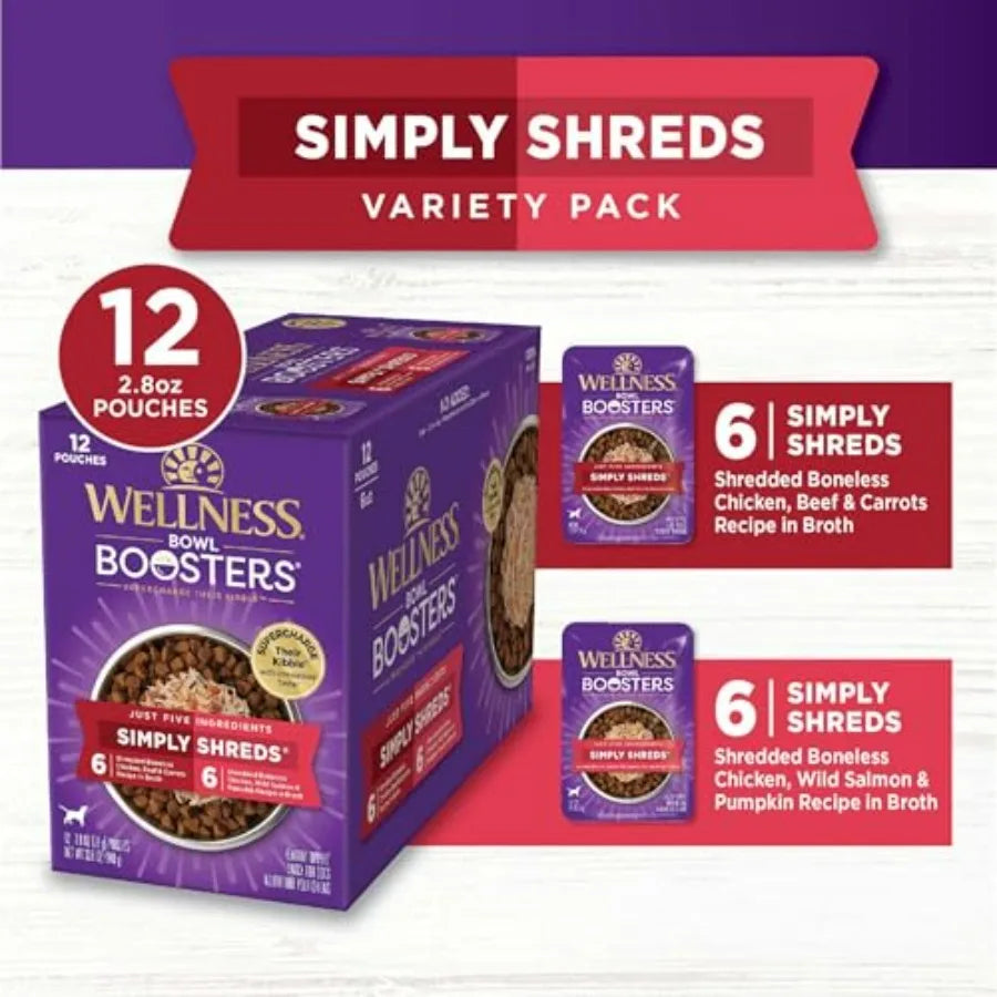 Bowl Boosters Simply Shreds Wet Dog Food Topper for Small, Medium, and Large Breeds, Grain Free, Natural, Recipes, Pack of 12
