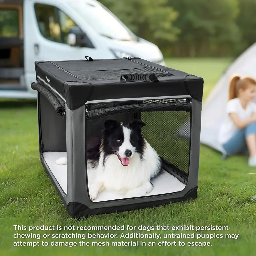 Portable 42 Soft-Sided Dog Crate for XL Dogs - Outdoor & Indoor Travel Kennel with 4 Doors and Mesh Windows, Black