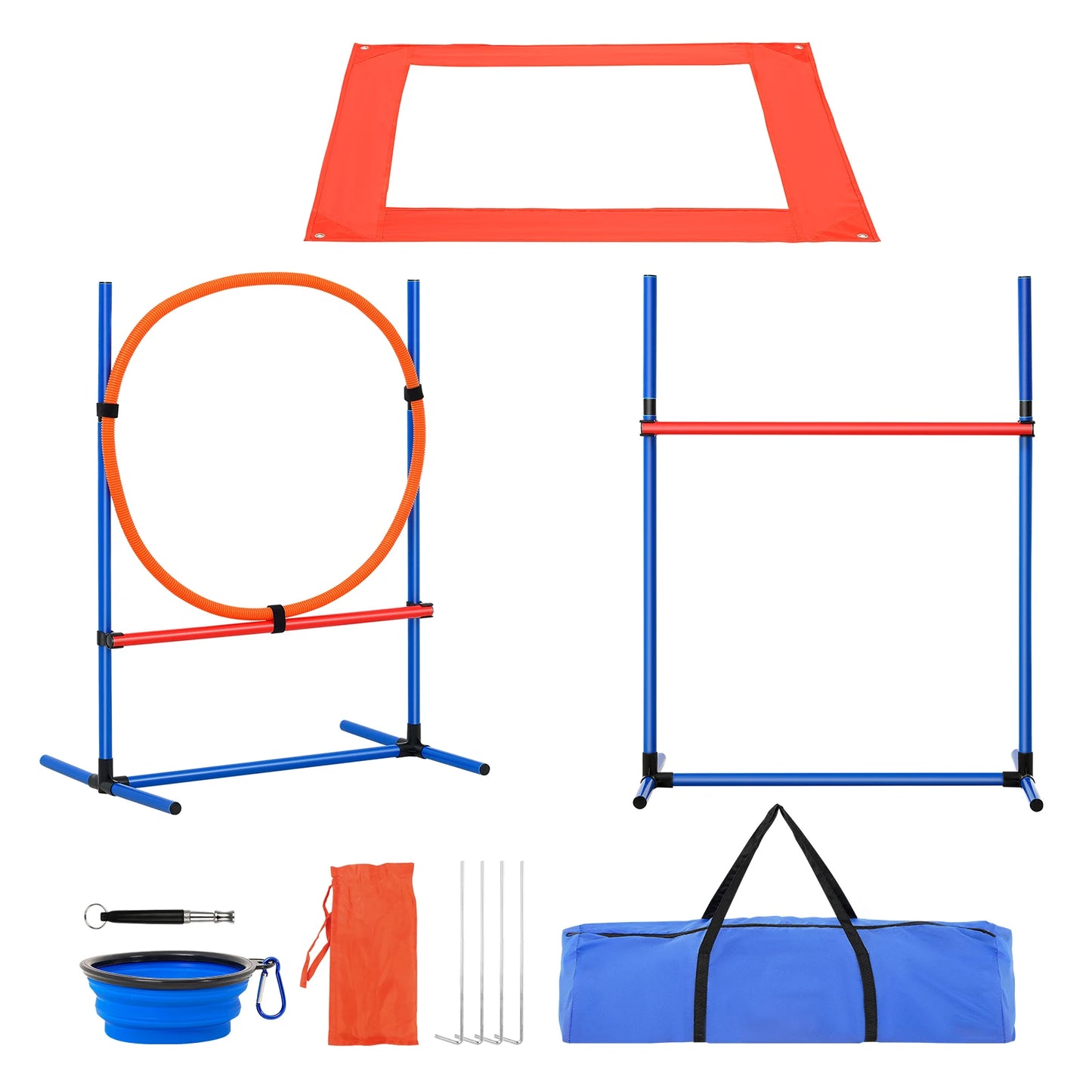Dog Agility Training Equipment 4 PCS Set with Adjustable High Hurdles 6 Weave Poles, Jump Ring, Square Pause Box Whistle