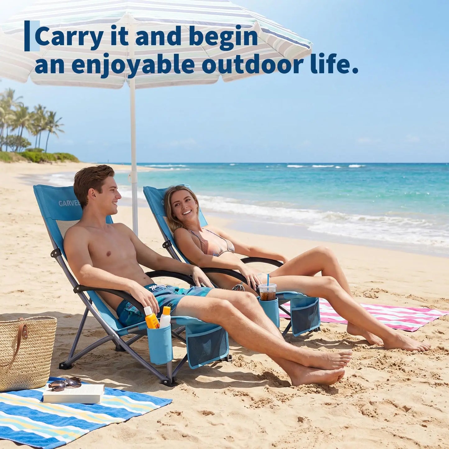 High Back Beach Chair, Folding Beach Chairs, Extra Wide Seat Chair with Cup Holder, Storage Pocket & Carry Bag for Camping Travel