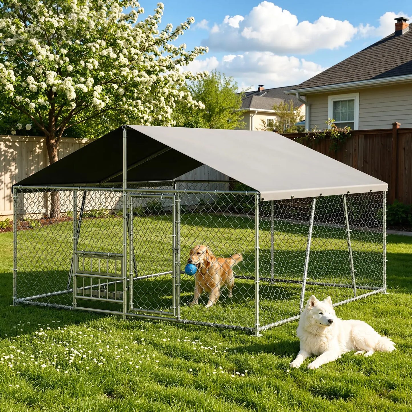 10 x 10 x 5.9FT Outside Dog Enclosure With PE Waterproof Roof, 360° Feeding Door, Heavy Duty Lockable Galvanized Kennel