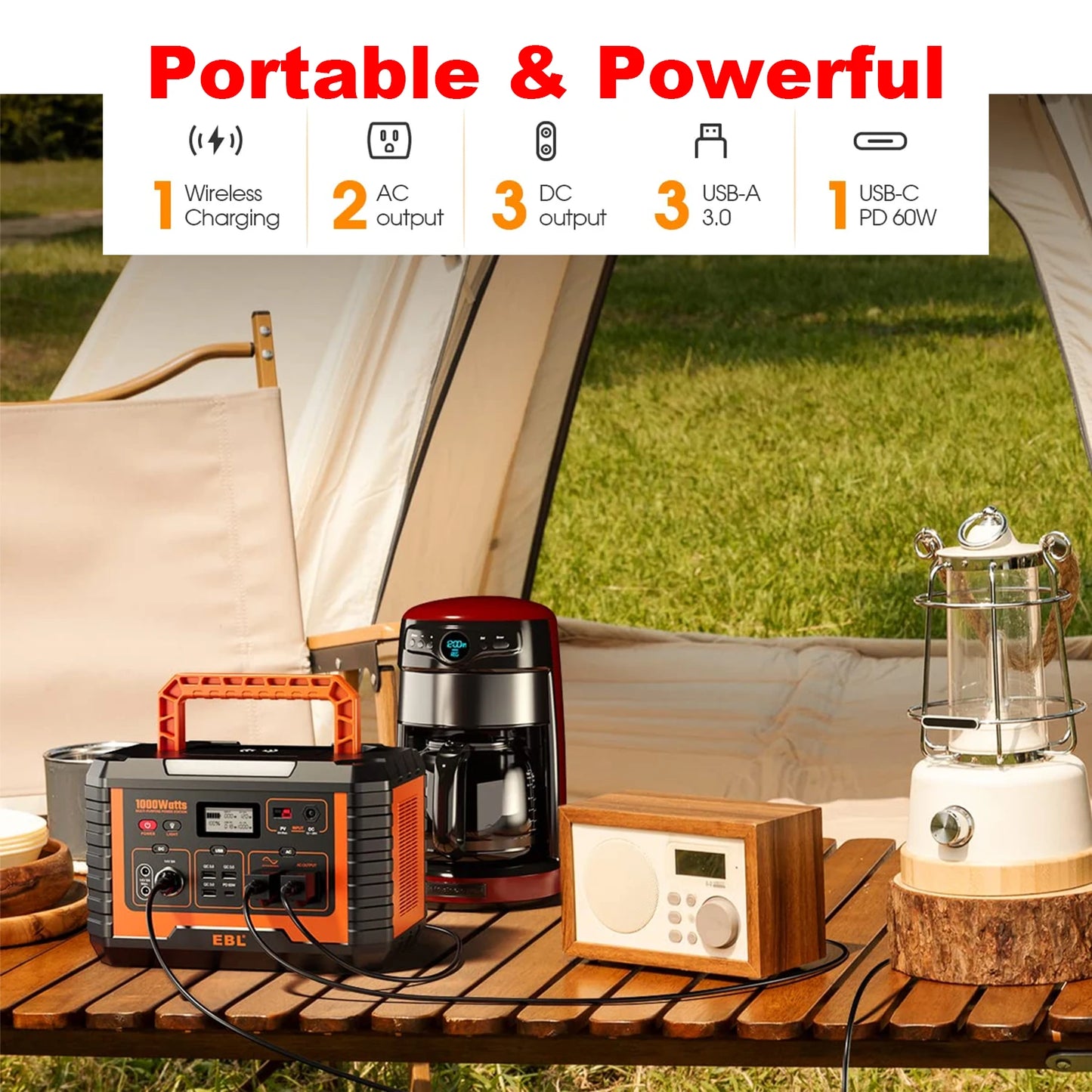 Portable Solar Generator 1000W Power Station Wireless Charging 110V Pure Sine Wave AC Outlet with PD 60W Fast Charge Battery