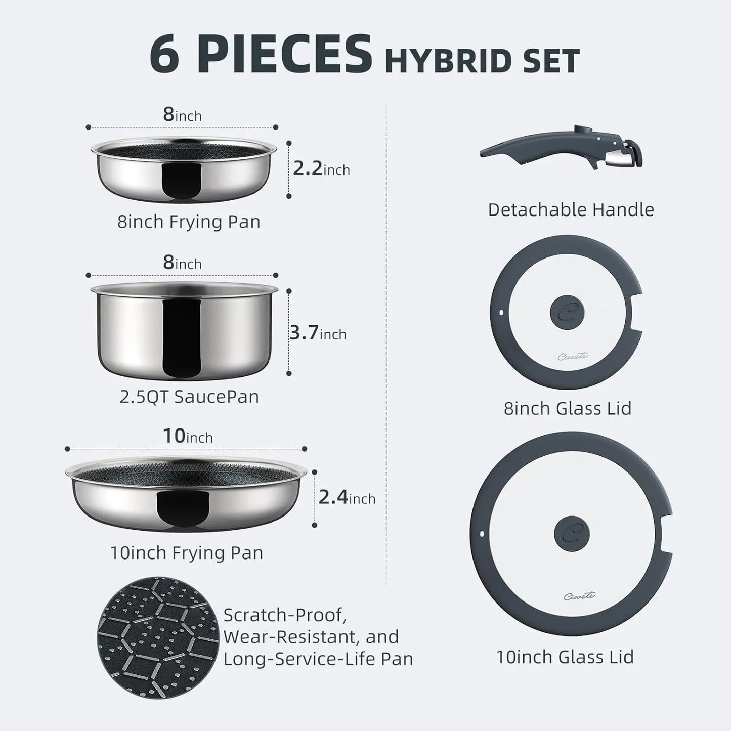 6-Piece Hybrid Stainless Steel Pots and Pans Set Non Stick, Tri-Ply Stainless Steel Cookware Set with Lids and Detachable Handle