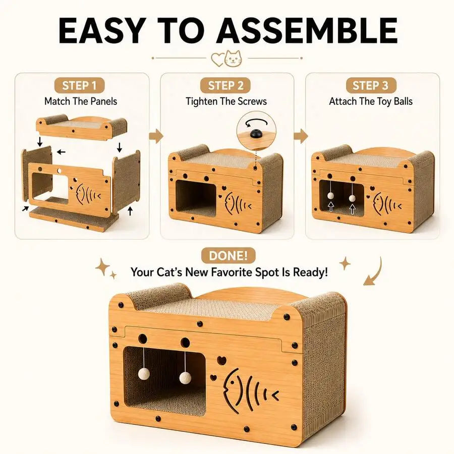 Cat Scratching House With Hanging Toy Balls, 56x30x30cm Corrugated Cardboard Lounge Bed