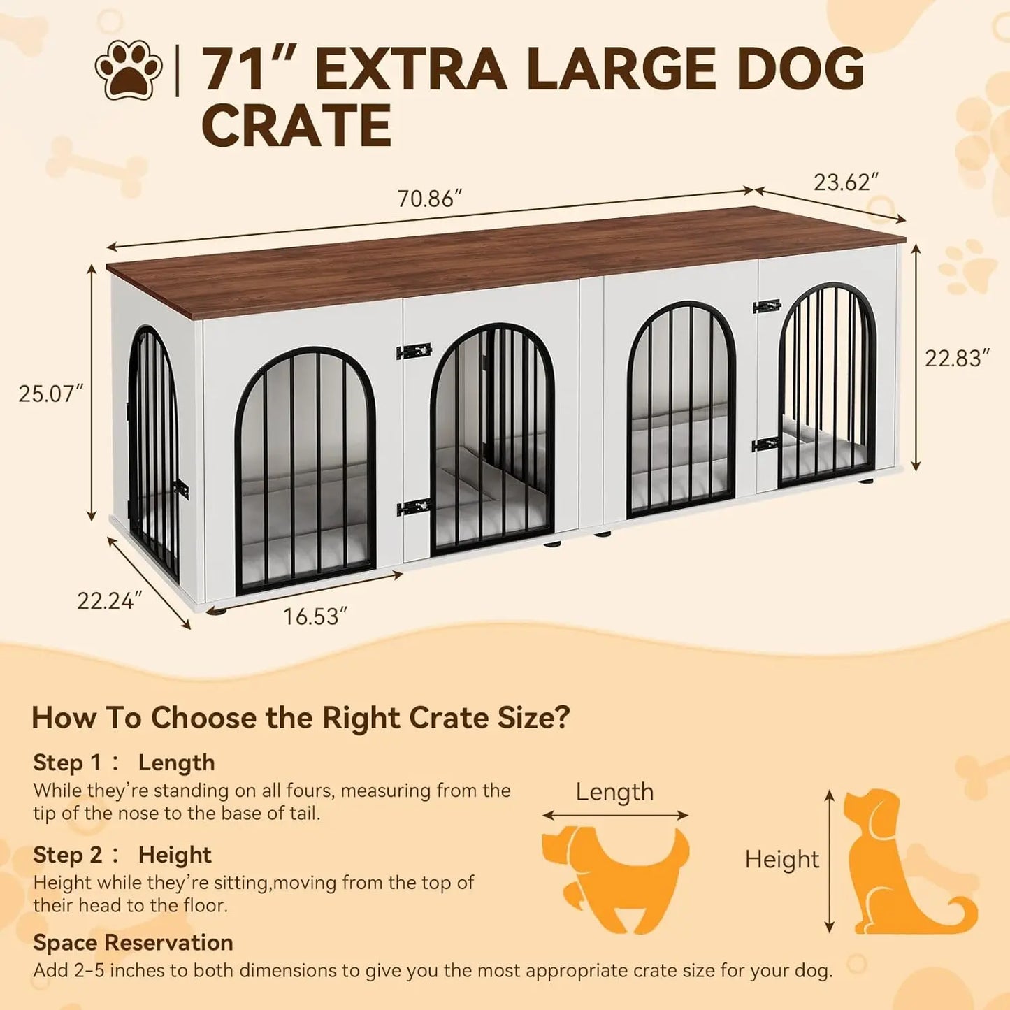 Dog Crate Furniture for 2 Dogs, 71" Dog Kennel Indoor with Cushions, XXL Wooden Dog Crates TV Stand with Removable Divider