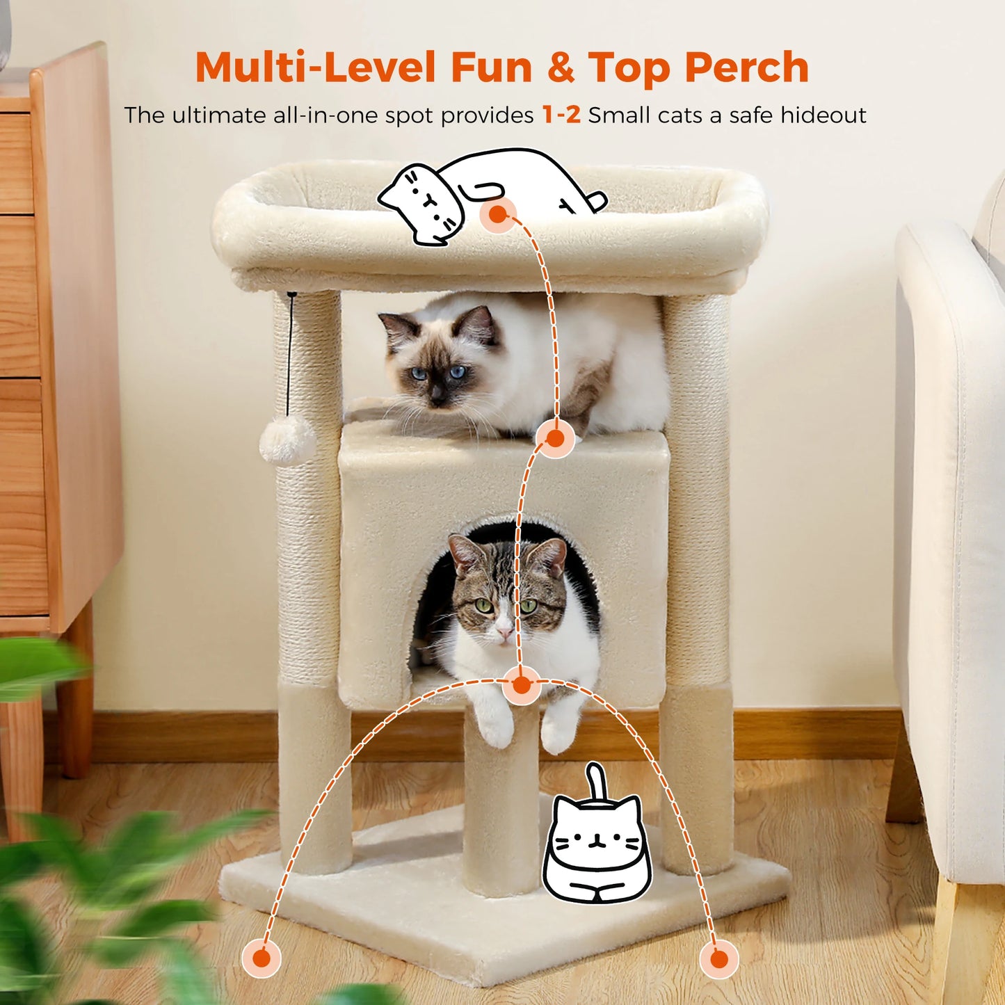 Small Cat Tree Tower with Natural Sisal Scratching Posts, Soft Top Perch, and Plush Pom-Pom Cozy Cat Condo Bed for Indoor Cat Toys