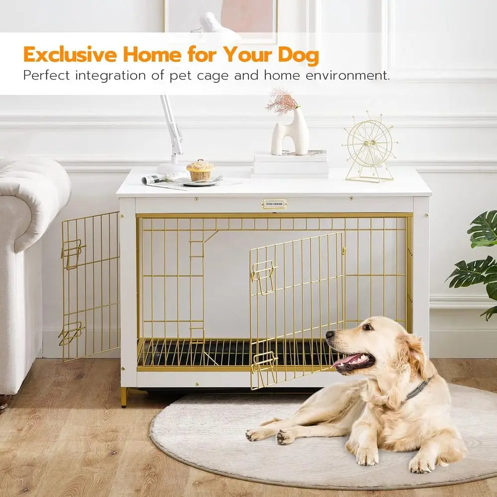 Dog Crate Furniture, 38.6" Large Dog Kennel Indoor, Wooden Cage with Pull-Out Tray, Double Doors Pet House Side End Table for Large Dog