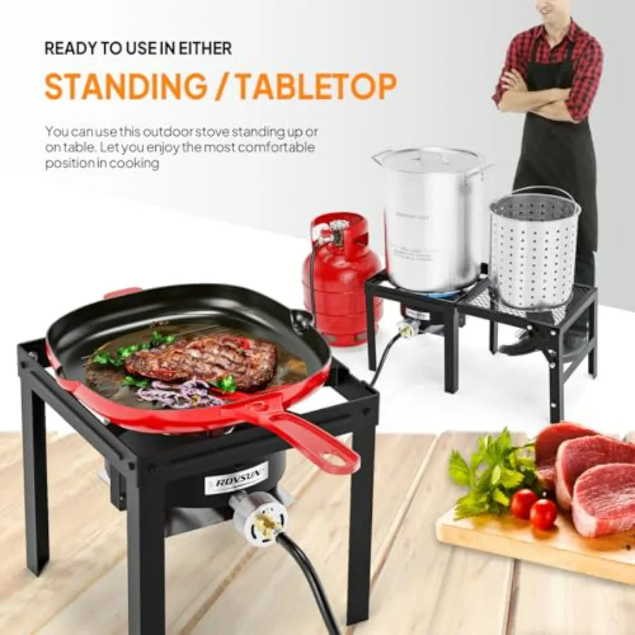 Outdoor Single Burner Propane Gas Stove With Detachable Foldable Side Rack, Stainless Steel Gray Finish, Portable, Lightweight, Durable