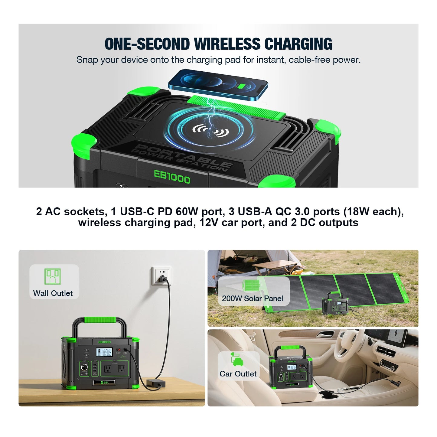 Portable Solar Generator 999W Power Station Wireless Charging 110V PD 60W Fast Charge Battery, AC, Vehicle DC, Solar Charger