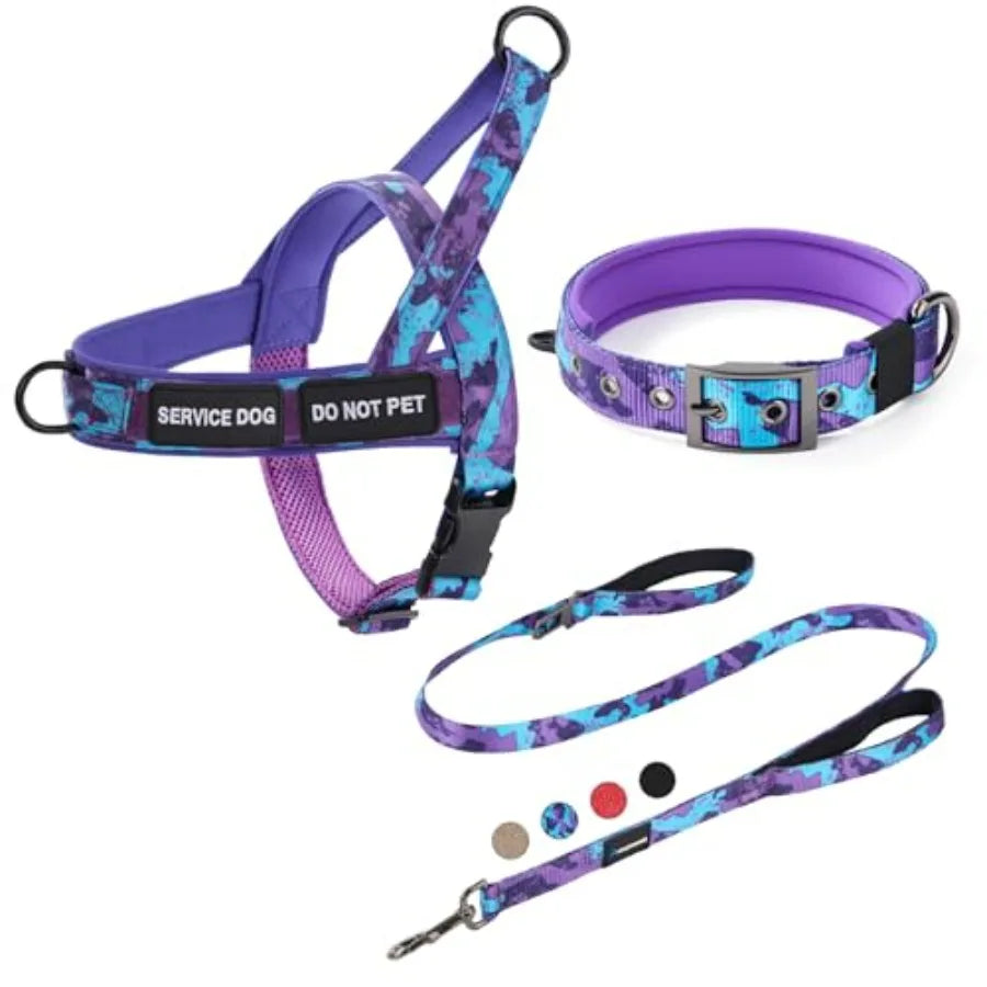 No Pull Dog Harness, Heavy Duty Collar and Leash Set-Leash with Double Handle and Car Seatbelt Clip-Easy Control for Walking