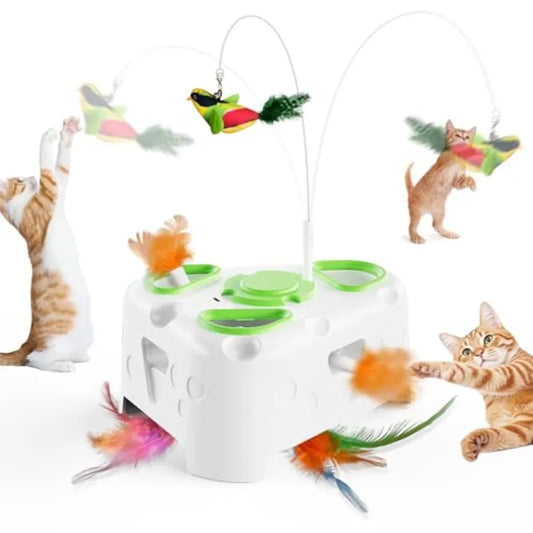 3-in-1 Interactive Cat Toys for Indoor Cats with Rechargeable USB Flying Bird 6 Holes Mole Design Rotating Feather in Blue