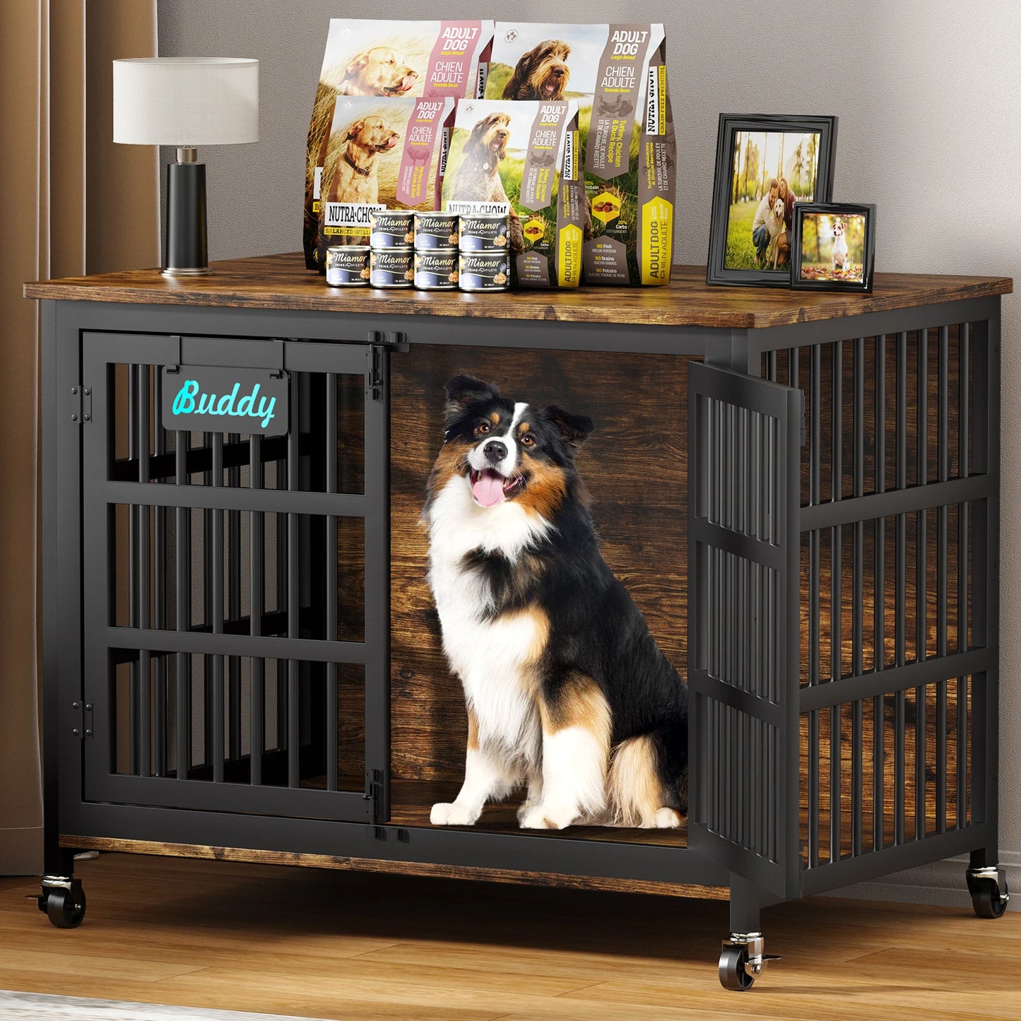 Dog Crate Furniture with Casters, Heavy Duty Dog Kennel Indoor for Large and Medium Dogs, Decorate House as TV Stand, Bedside Table