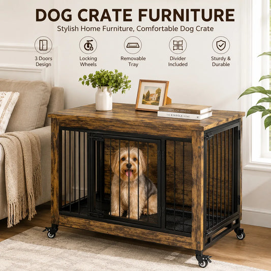 38 Inch Dog Crate Furniture Wooden Dog Kennel End Table with 3 Doors Locking Wheels Removable Tray Divider Indoor Pet Cage Side Table for Small Medium Dogs Retro Brown