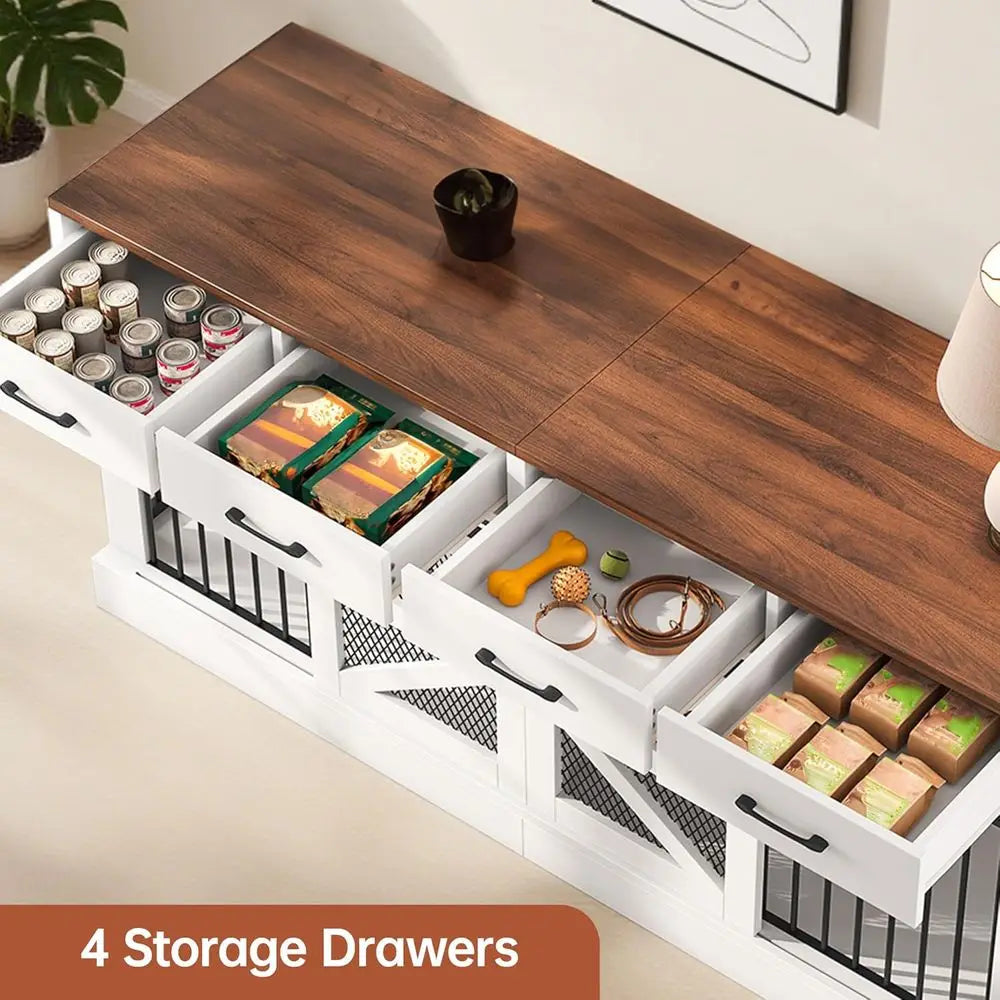 71 Heavy-Duty Indoor Wooden Dog Crate for 1-2 Dogs, Removable Divider & Storage Drawers - Multifunctional Pet Furniture, TV Stand