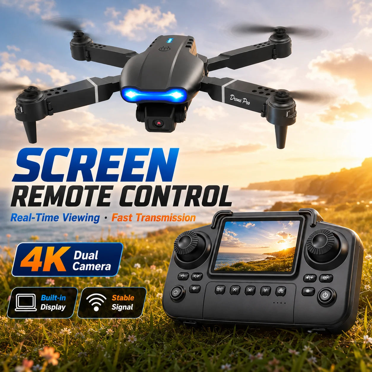 RC Drone with Screen Remote Control 4K Dual Camera Optical Flow Positioning Obstacle Avoidance Foldable FPV WIFI APP Control One Key Return 360° Flip Quadcopter Toy for Beginners