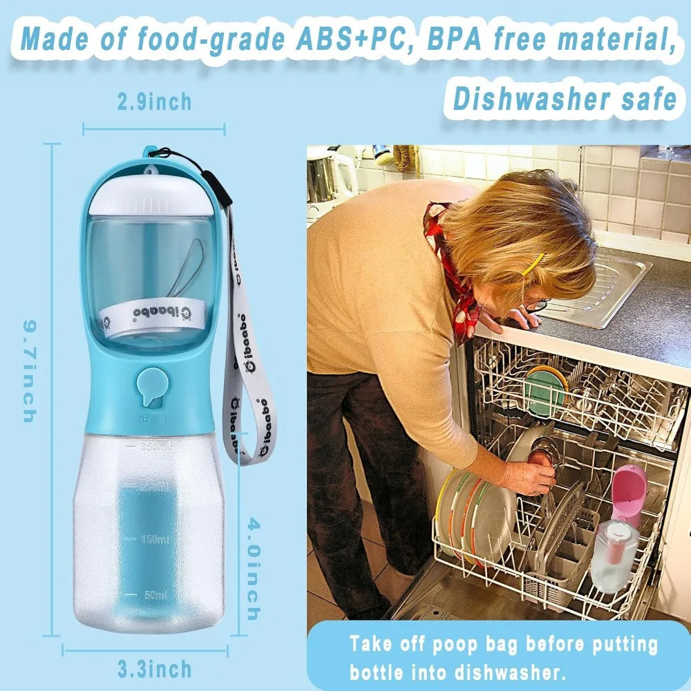 Dog Water Bottle with Food Container & Poop Bag Holder, Leak-Proof Travel Bowl, Portable Pet Dispenser for Walking Hiking, Puppy Essentials