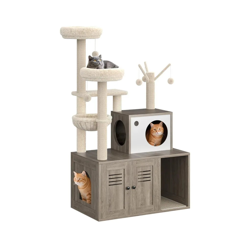 Cat Tower with Litter Box Enclosure, 2-in-1 Modern Cat Tree, 55.1-Inch Cat Condo with Scratching Posts, Hidden Litter Cabinet, Hammock & Perches, Engineered Wood, Indoor Use