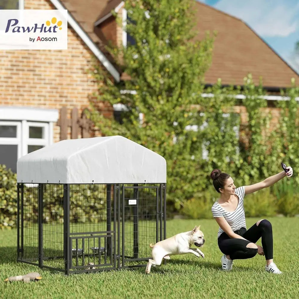 4ft Outdoor Dog Kennel with Rotating Bowls, Adjustable Levels, Weather-Resistant Cover for Medium Breeds, Pets, and Poultry