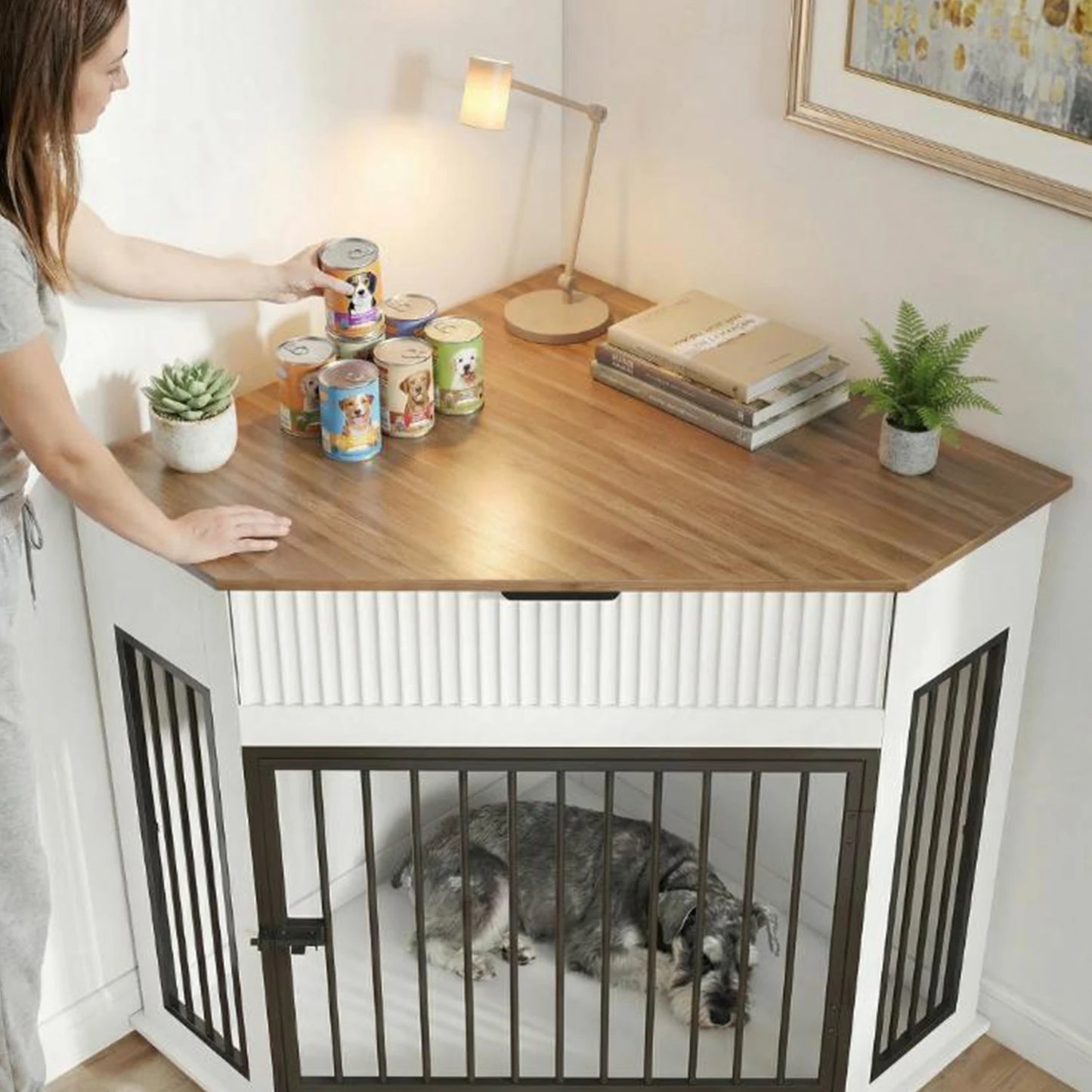 44.6'' Corner Dog Crate Furniture with Fluted Storage Drawer, Wooden Dog Kennel End Table for TV Stand, Decorative Pet Crate