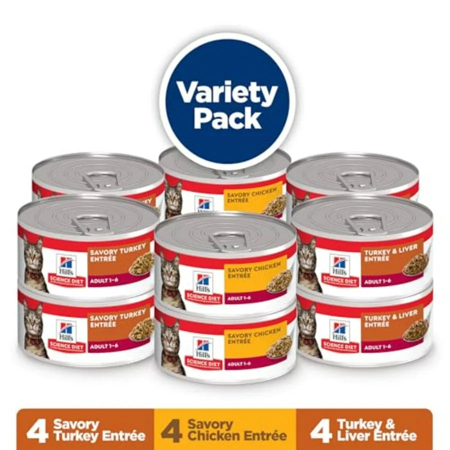 Adult 1-6 Wet Cat Food Variety Pack, Savory Entrée, Chicken, and Turkey, Cans, 12-Pack