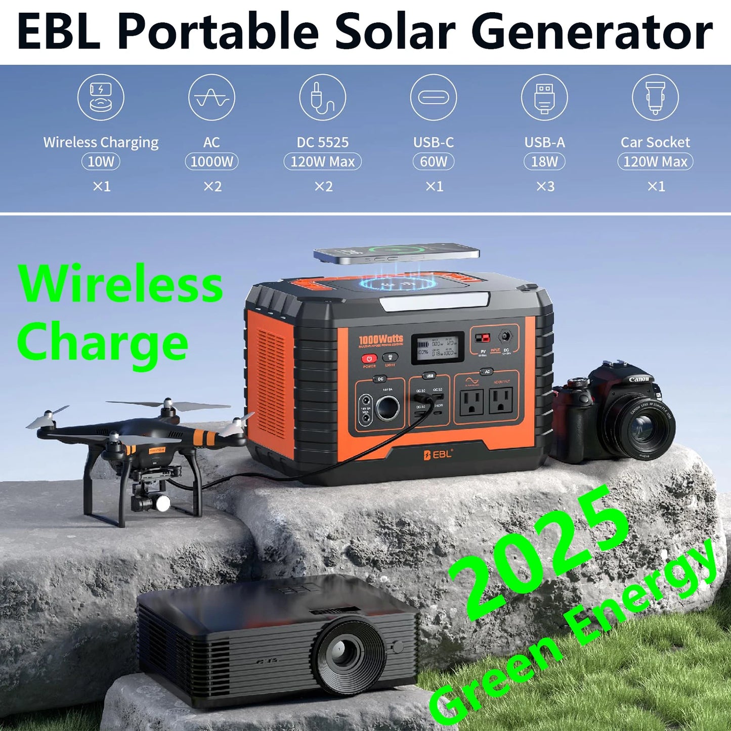 Portable Solar Generator 1000W Power Station Wireless Charging 110V Pure Sine Wave AC Outlet with PD 60W Fast Charge Battery